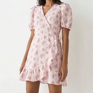 & Other Stories Linen Puff Sleeve Floral Wrap Mini Dress Women’s Size 6 Ruffles